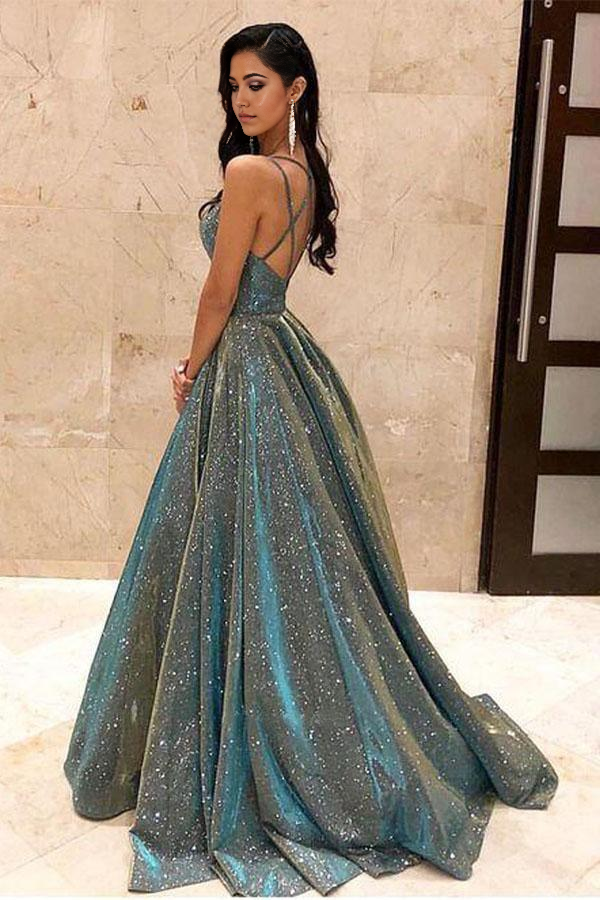 Sparkly V Neck Satin Cross Back Ball Gown Long evening gown Prom Dresses
